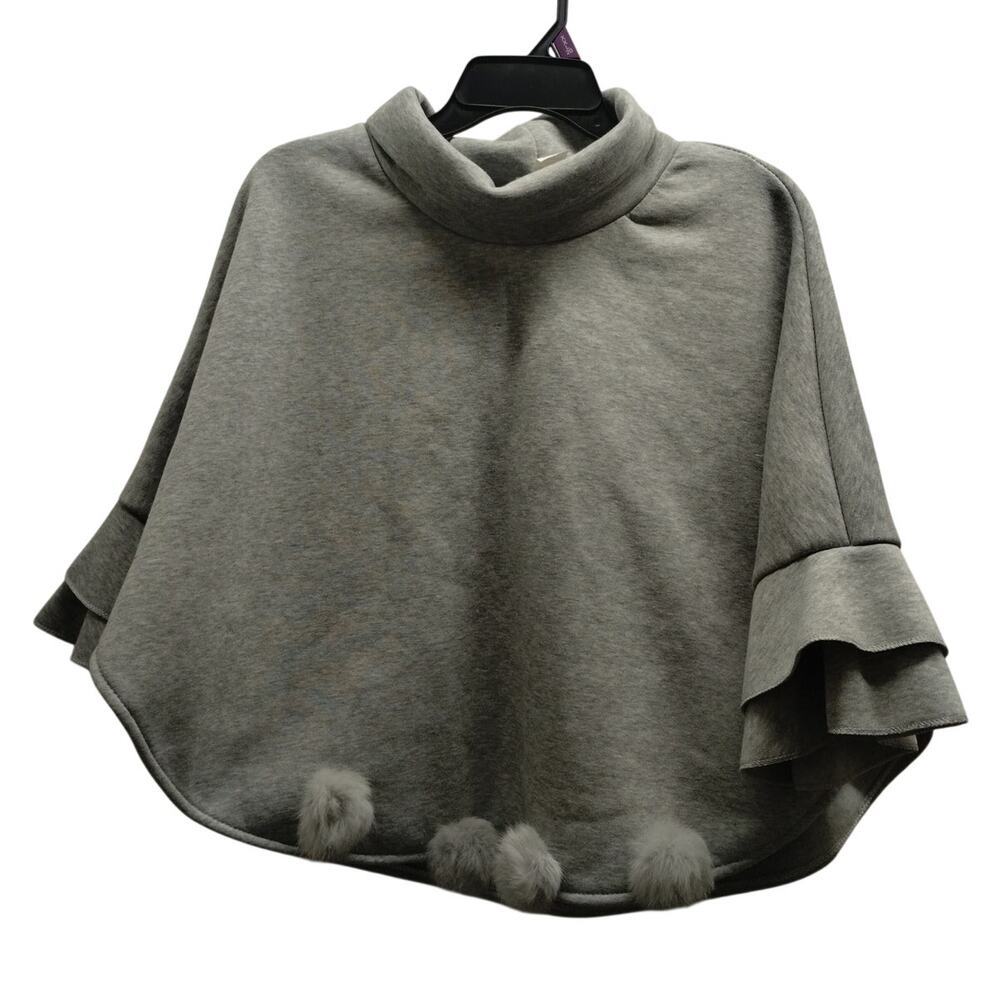 Sugar Women's One Size Heather Gray Pom Pom Ruffle Layered Sleeves Poncho Top